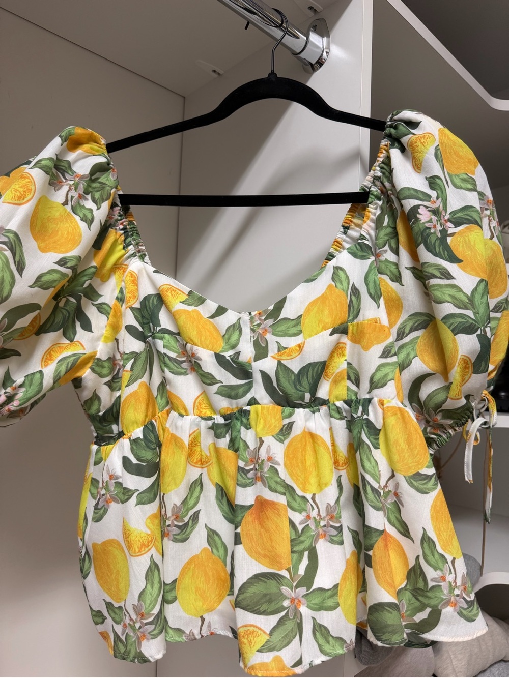 English Factory Lemon Print Puff Sleeve Top - Yellow & Green